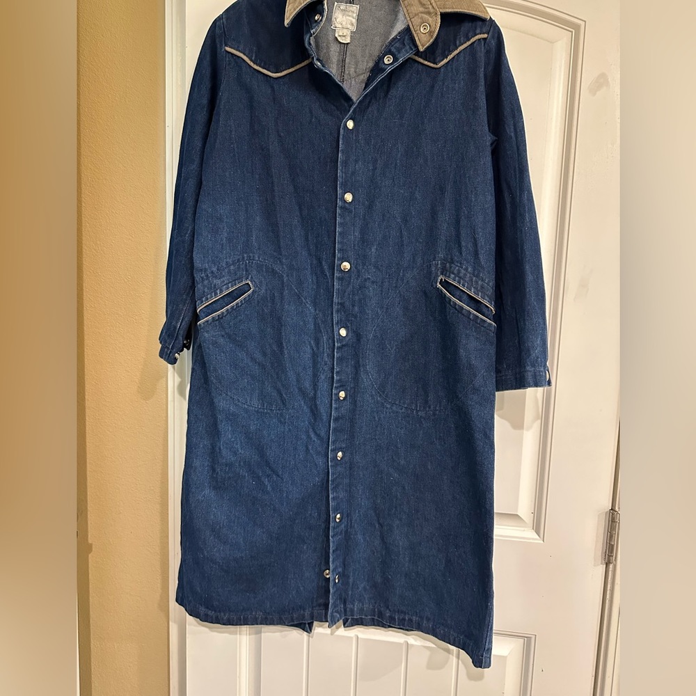 Denim Duster in 1980's, duster were the thing. w/gray corduroy trim